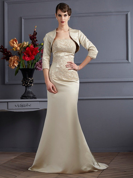 Trumpet/Mermaid Strapless Sleeveless Applique Long Satin Mother of the Bride Dresses