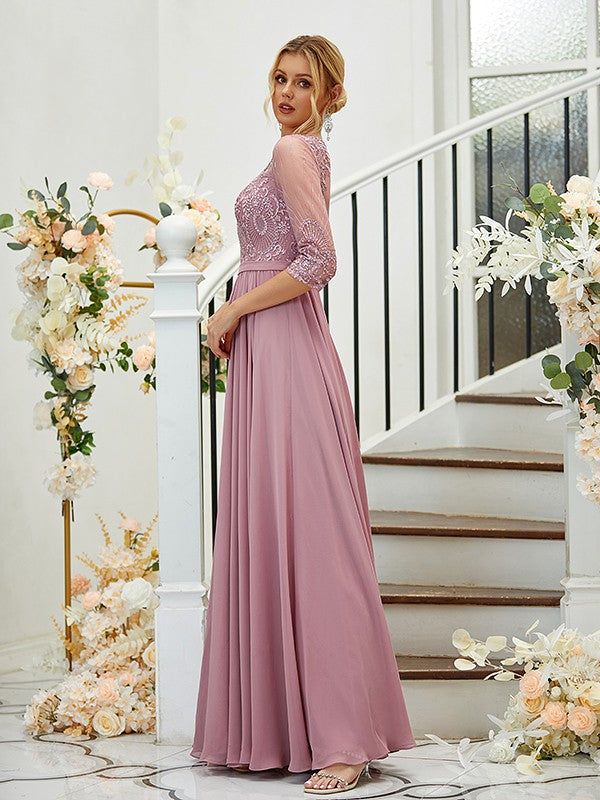 A-Line/Princess Chiffon Lace V-neck 3/4 Sleeves Floor-Length Bridesmaid Dresses
