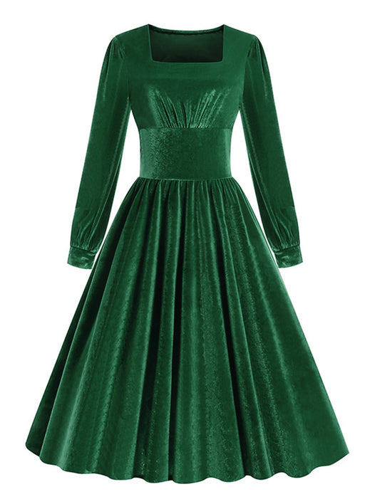 Women's Velvet Dress Green Christmas Party Dress Cocktail Dress Midi Dress Black Red Green Long Sleeve Pure Color Ruched Fall Winter Autumn Square Neck Winter Dress