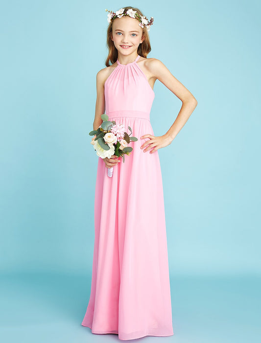 A-Line Floor Length Halter Chiffon Junior Bridesmaid Dresses&Gowns With Sash / Ribbon Pink Kids Wedding Guest Dress 4-16 Year