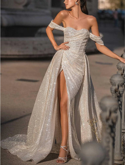 Wedding Dresses A-Line Off Shoulder Sleeveless Sweep / Brush Train Sequined Bridal Gowns With Pleats Solid Color
