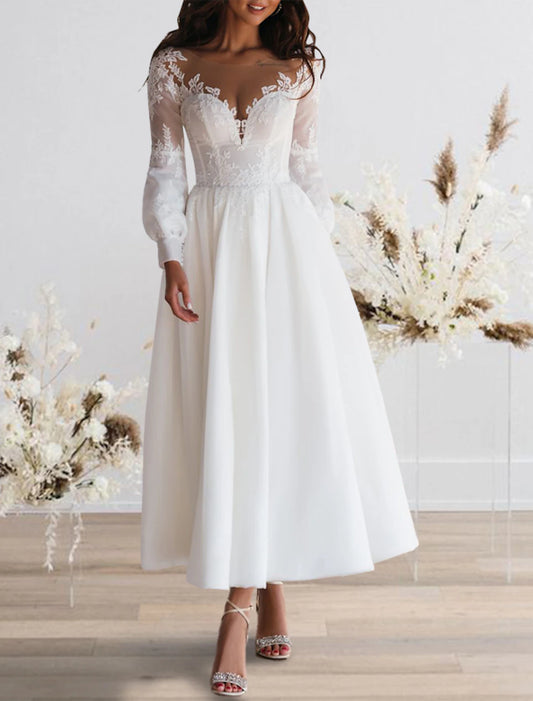 Reception Simple Wedding Dresses Wedding Dresses A-Line Sweetheart Camisole Spaghetti Strap Tea Length Satin Bridal Gowns With Solid Color