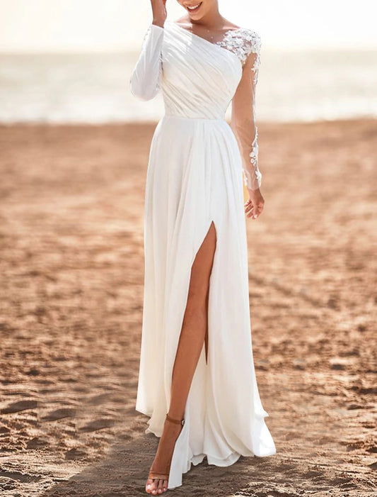 Beach Mature Wedding Dresses A-Line Scoop Neck Long Sleeve Sweep / Brush Train Chiffon Bridal Gowns With Pleats Split Front