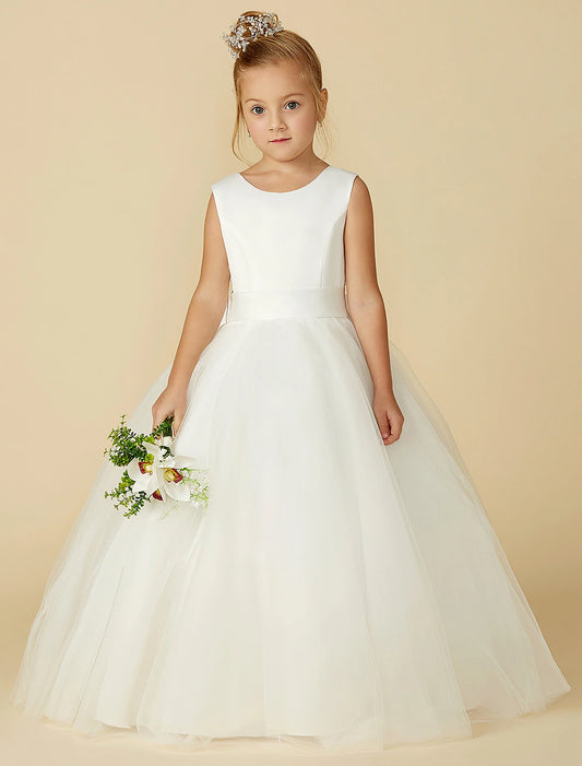 A-Line Floor Length Flower Girl Dress First Communion Girls Cute Prom Dress Satin with Sash / Ribbon Elegant Fit 3-16 Years