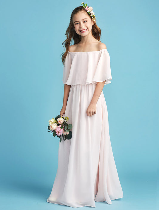 A-Line Floor Length Off Shoulder Chiffon Junior Bridesmaid Dresses&Gowns With Pleats Kids Wedding Guest Dress 4-16 Year