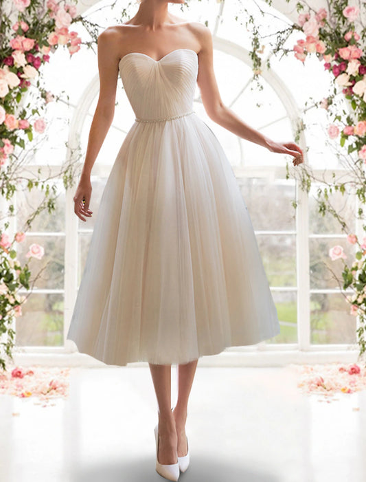 Reception Little White Dresses Wedding Dresses A-Line Sweetheart Strapless Tea Length Tulle Bridal Gowns With Sashes / Ribbons Pleats