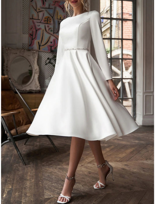 Simple Wedding Dresses Little White Dresses A-Line Scoop Neck Long Sleeve Knee Length Satin Bridal Gowns With Pleats Beading Simple Wedding Dresses Little White Dresses A-Line Scoop Neck Long Sleeve Knee Length Satin Bridal Gowns With Pleats Beading
