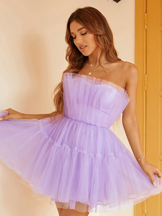 A-Line/Princess Tulle Ruffles Strapless Sleeveless Short/Mini Dresses