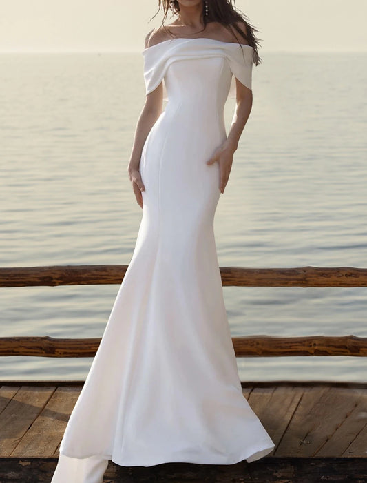 Beach Simple Wedding Dresses Mermaid / Trumpet Off Shoulder Cap Sleeve Court Train Satin Bridal Gowns With Ruched