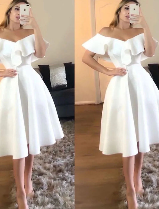 A-Line Prom Dresses Little White Dresses Dress Wedding Guest Party Wear Sweep / Brush Train Short Sleeve V Neck Stretch Fabric with Shawl