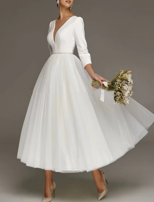 Bridal Shower Simple Wedding Dresses Wedding Dresses A-Line Off Shoulder Cap Sleeve Tea Length Chiffon Bridal Gowns With Ruched Split Front