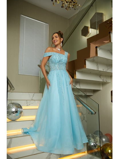 A-Line/Princess Organza Beading Scoop Sleeveless Floor-Length Dresses