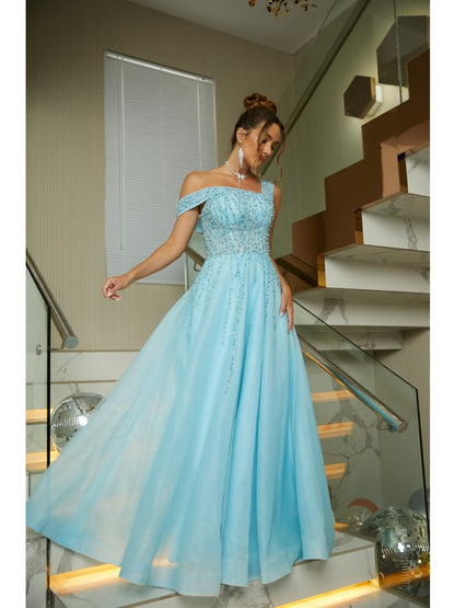 A-Line/Princess Organza Beading Scoop Sleeveless Floor-Length Dresses