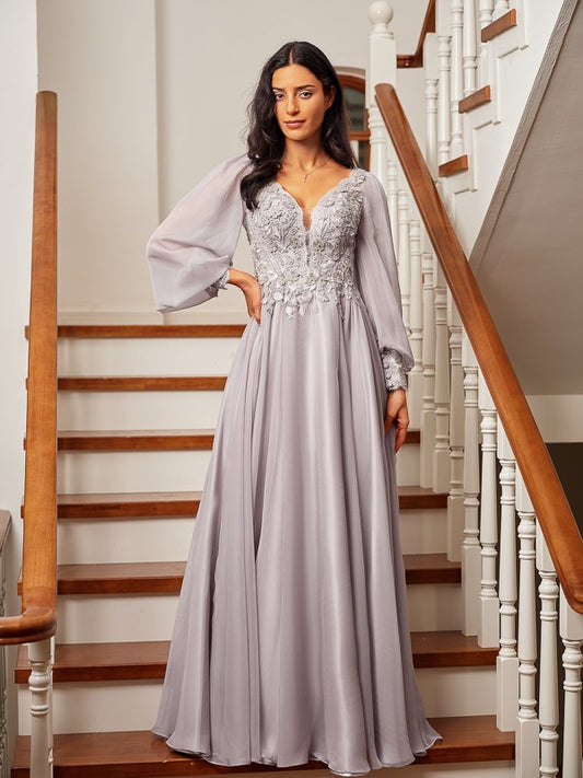 zzdyzzA-Line/Princess 30D Chiffon Applique V-neck Long Sleeves Floor-Length Dresses