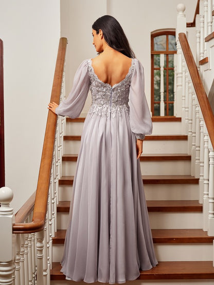zzdyzzA-Line/Princess 30D Chiffon Applique V-neck Long Sleeves Floor-Length Dresses