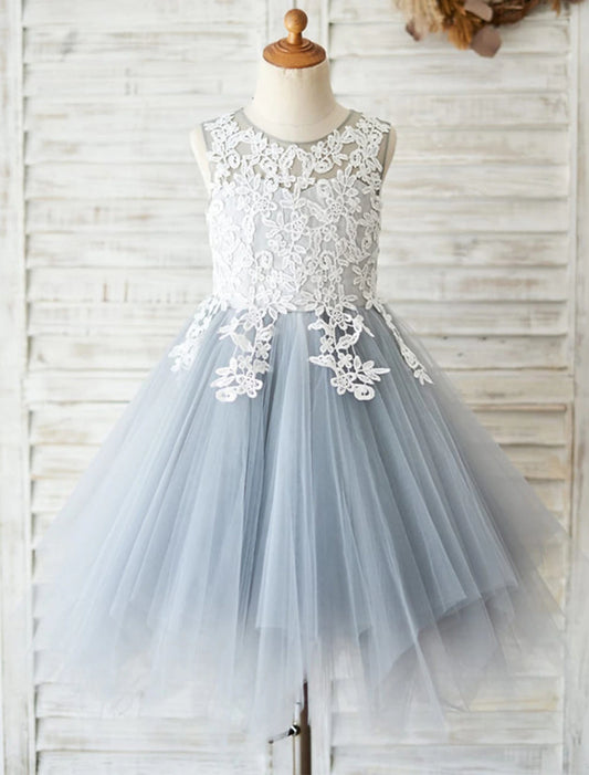 A-Line Knee Length Flower Girl Dress Wedding Party Girls Cute Prom Dress Satin with Appliques Tutu Fit 3-16 Years