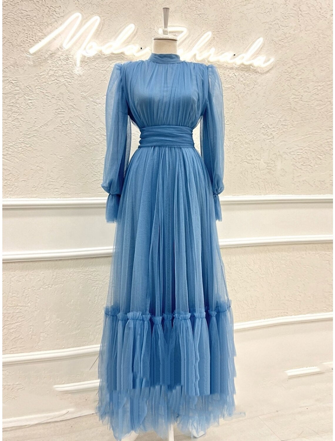 A-Line Prom Dresses Elegant Dress Formal Ankle Length Long Sleeve High Neck Tulle with Pleats Ruched
