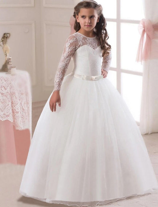 A-Line Floor Length Flower Girl Dress First Communion Girls Cute Prom Dress Satin with Lace Mini Bridal Fit 3-16 Years