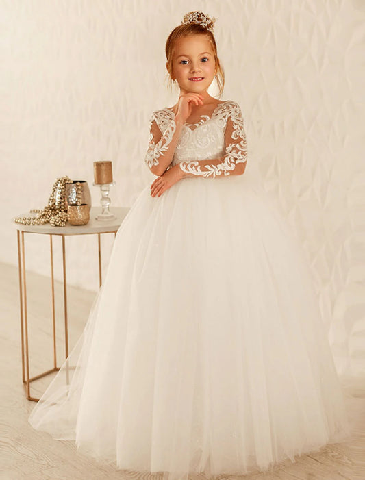 Ball Gown Floor Length Flower Girl Dress First Communion Girls Cute Prom Dress Satin with Lace Mini Bridal Fit 3-16 Years
