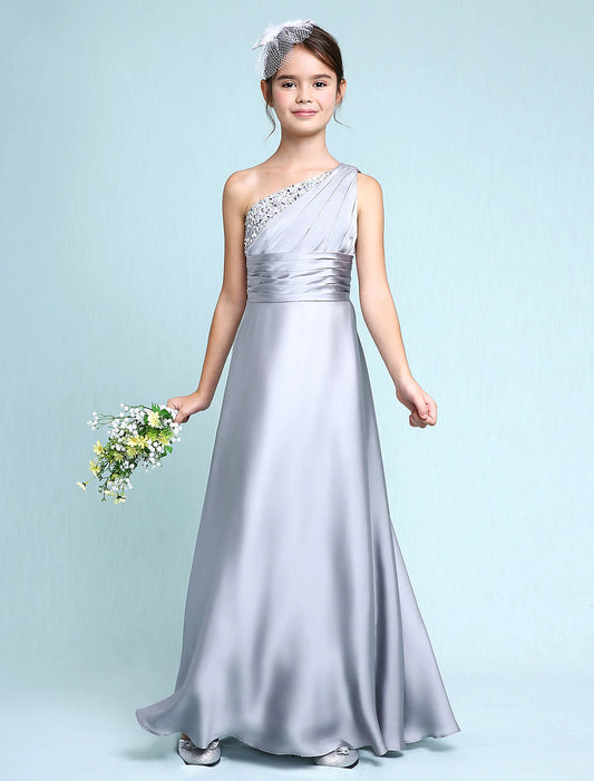 A-Line Floor Length One Shoulder Chiffon Satin Junior Bridesmaid Dresses&Gowns With Ruched Kids Wedding Guest Dress 4-16 Year
