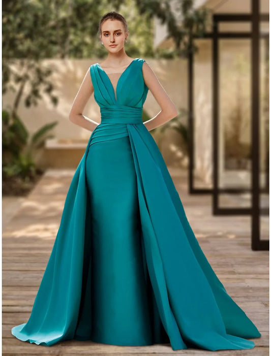 A-Line Evening Gown Elegant Dress Formal Sweep / Brush Train Christmas Red Green Dress Sleeveless V Neck Satin with Pleats Ruched