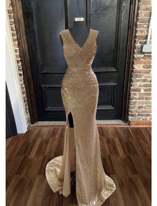 Sheath / Column Prom Dresses Sparkle & Shine Dress Cocktail Party Dress Sweep / Brush Train Sleeveless V Neck Sequined with Glitter Ruched Slit