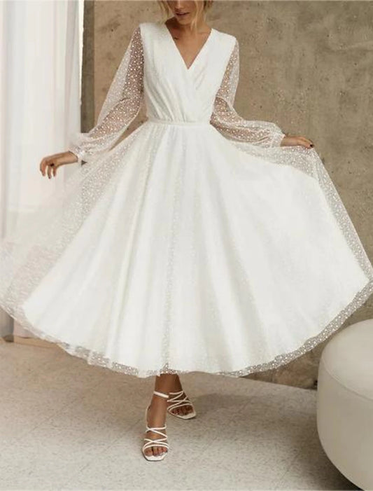 Beach Little White Dresses Wedding Dresses A-Line V Neck Long Sleeve Tea Length Sequined Bridal Gowns With Beading Solid Color