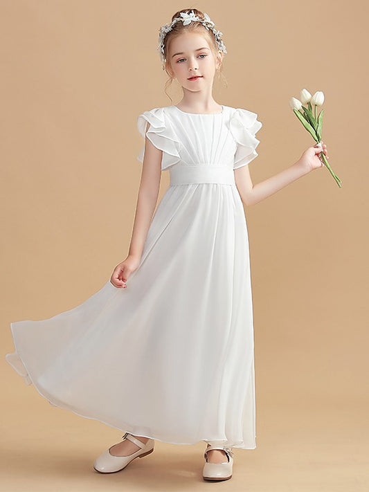 A-Line/Princess Chiffon Ruched Scoop Short Sleeves Ankle-Length Junior/Girls Bridesmaid Dresses