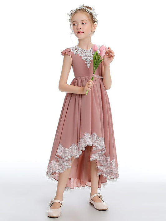 A-Line/Princess Chiffon Lace Scoop Short Sleeves Asymmetrical Junior/Girls Bridesmaid Dresses
