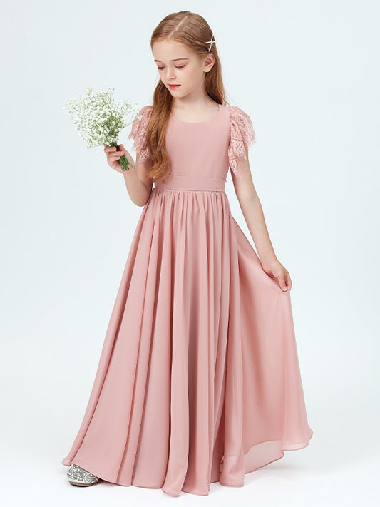 A-Line/Princess Chiffon Lace Scoop Short Sleeves Floor-Length Junior/Girls Bridesmaid Dresses