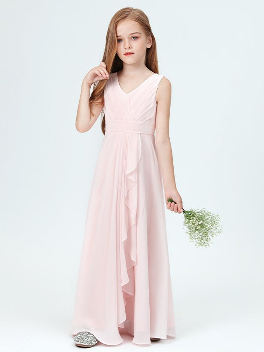 A-Line/Princess Chiffon Ruched V-neck Sleeveless Floor-Length Junior/Girls Bridesmaid Dresses