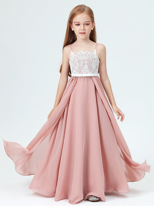 A-Line/Princess Chiffon Lace Straps Sleeveless Floor-Length Junior/Girls Bridesmaid Dresses