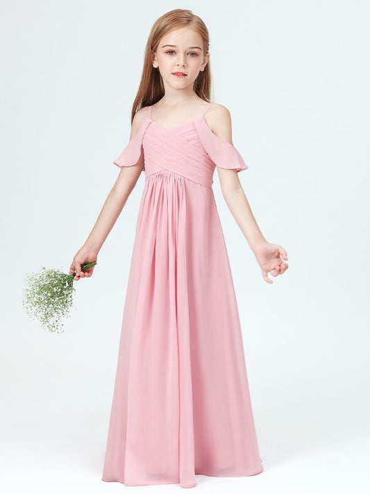 A-Line/Princess Chiffon Ruched Straps Sleeveless Floor-Length Junior/Girls Bridesmaid Dresses