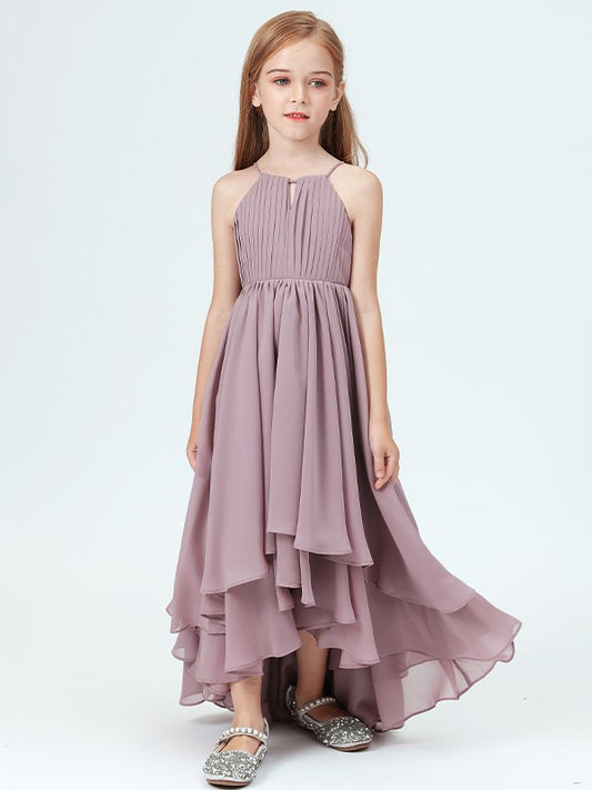 A-Line/Princess Chiffon Ruffles Halter Sleeveless Asymmetrical Junior/Girls Bridesmaid Dresses