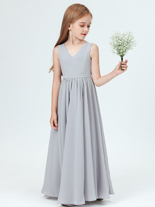 A-Line/Princess Chiffon Ruffles V-neck Sleeveless Ankle-Length Junior/Girls Bridesmaid Dresses