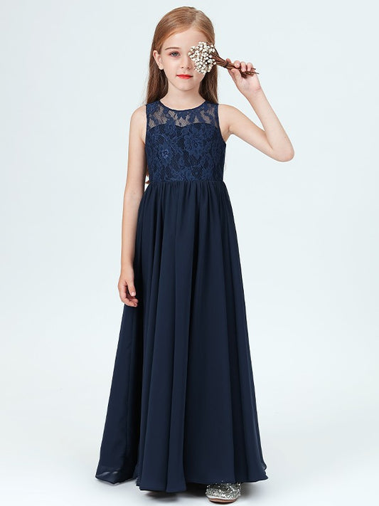 A-Line/Princess Chiffon Lace Scoop Sleeveless Floor-Length Junior/Girls Bridesmaid Dresses