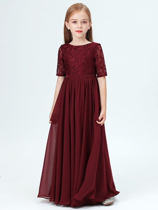 A-Line/Princess Chiffon Lace Scoop 1/2 Sleeves Floor-Length Junior/Girls Bridesmaid Dresses