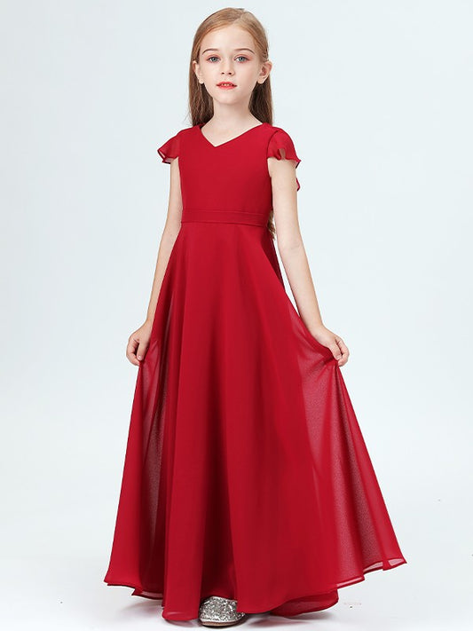 A-Line/Princess Chiffon Ruffles V-neck Short Sleeves Floor-Length Junior/Girls Bridesmaid Dresses