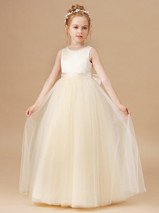 A-Line/Princess Tulle Bowknot Scoop Sleeveless Floor-Length Flower Girl Dresses