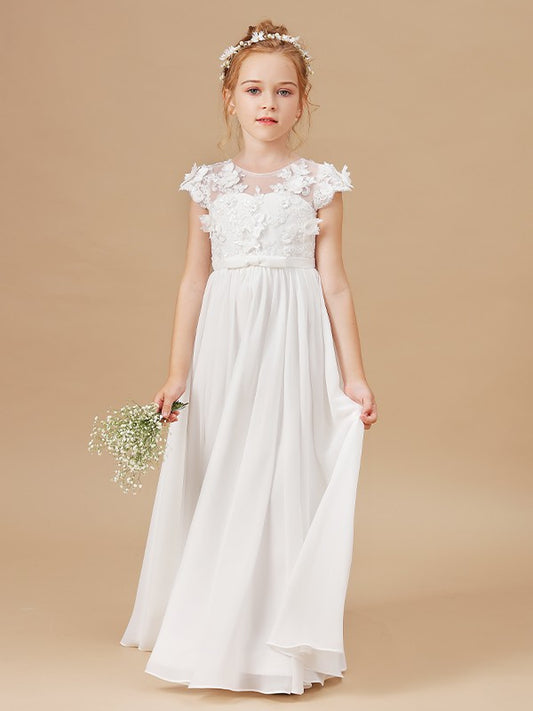 A-Line/Princess Chiffon Hand-Made Flower Scoop Short Sleeves Floor-Length Junior/Girls Bridesmaid Dresses