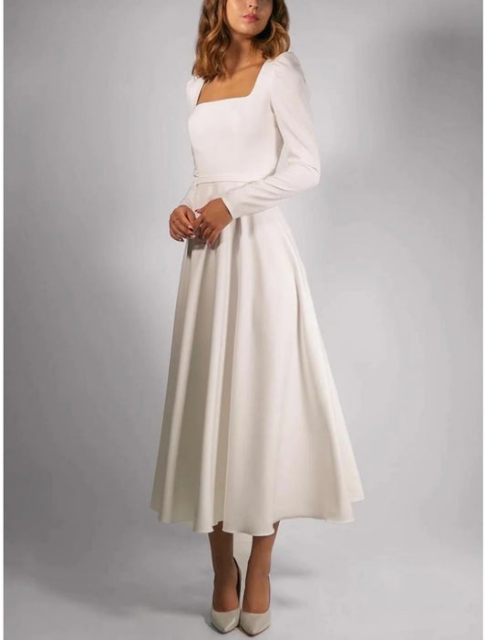 Simple Wedding Dresses A-Line Square Neck Long Sleeve Tea Length Stretch Fabric Bridal Gowns With Pleats Solid Color