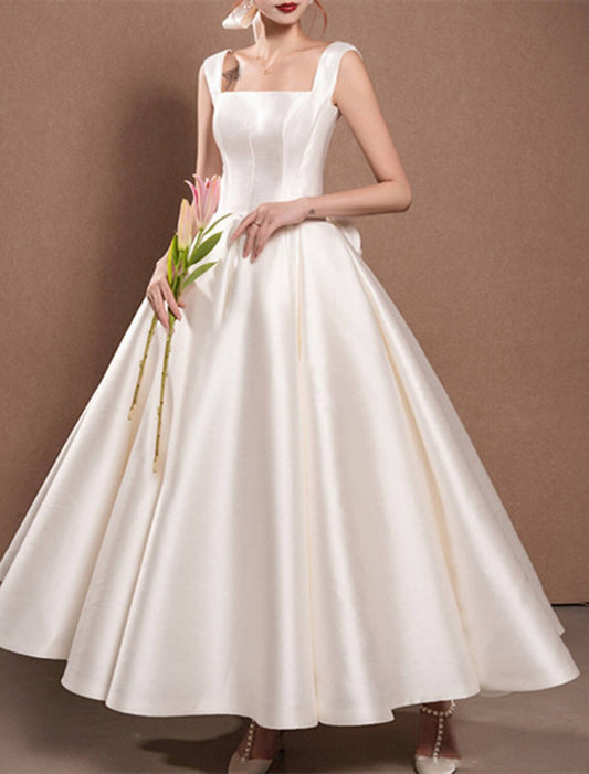 Reception Simple Wedding Dresses Wedding Dresses A-Line Off Shoulder Cap Sleeve Tea Length Satin Bridal Gowns With Pleats Ruched